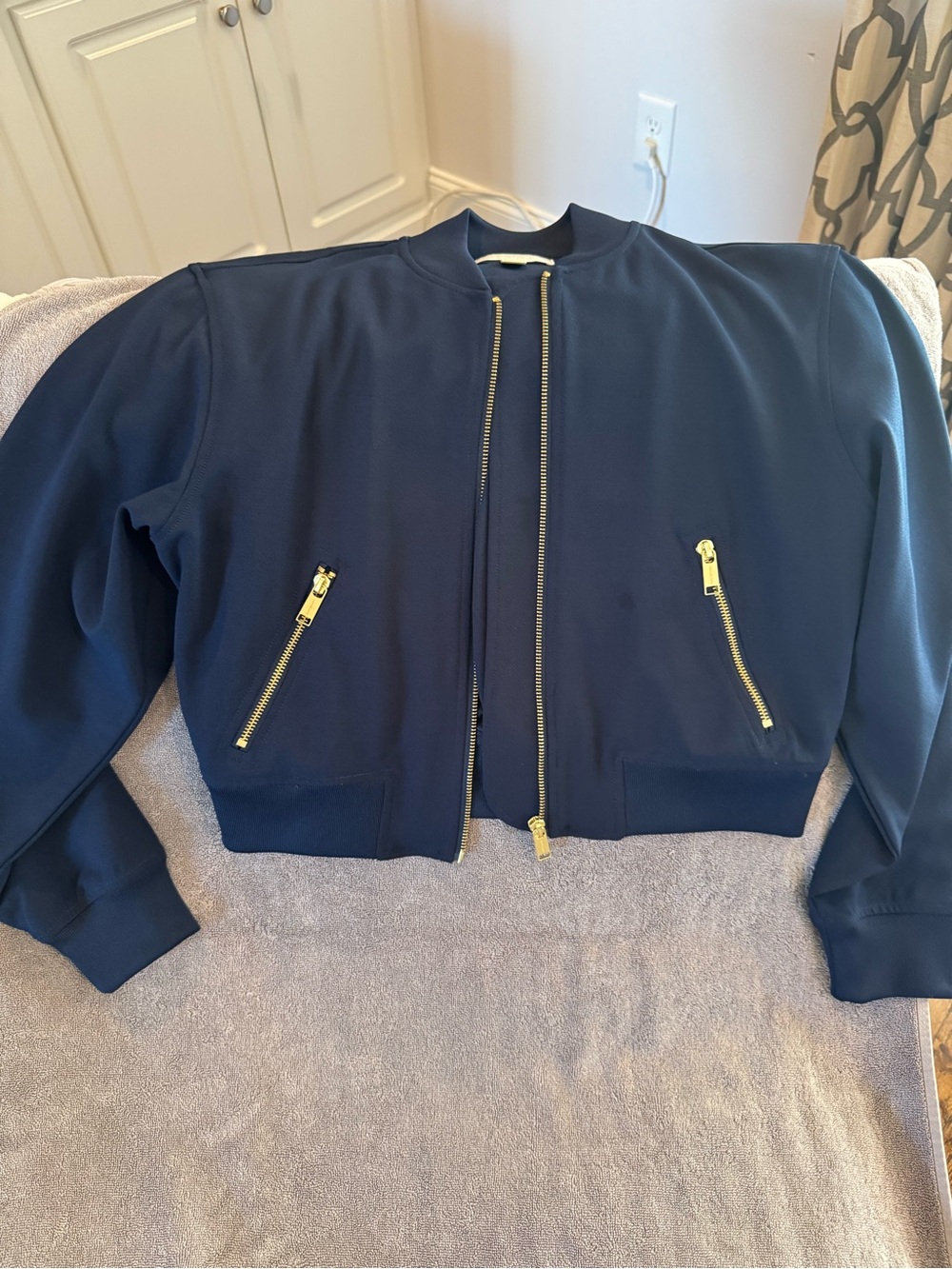 Michael Kors Navy Bomber Jacket with Gold Hardware